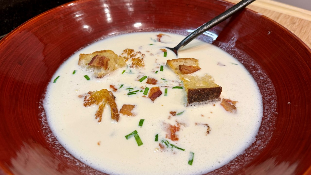 French Bistro Parmesan Soup with Bacon and Garlic Croutons