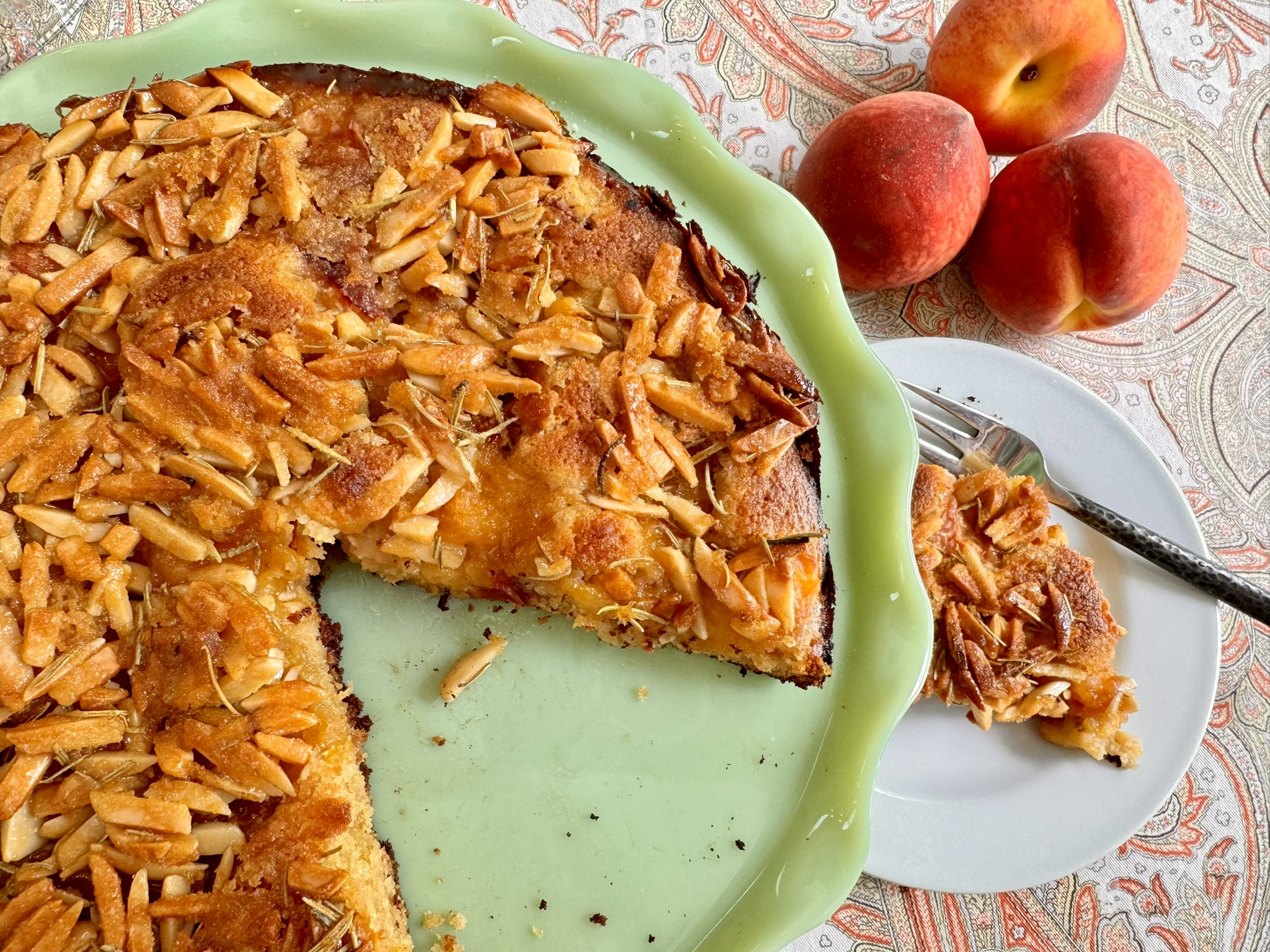 Torn Peach Cake with Candied Almonds and Rosemary Needles