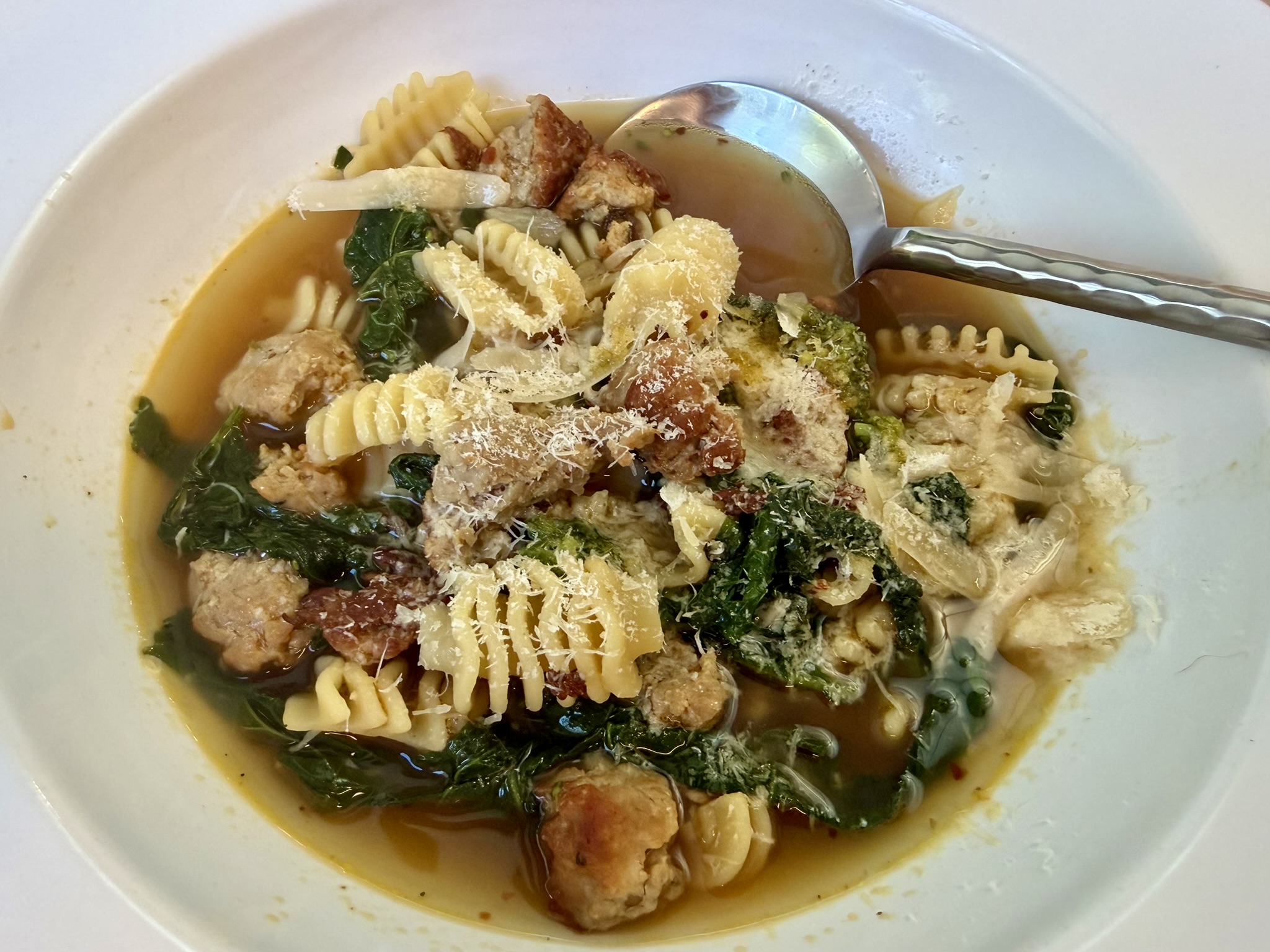 Spicy Pork Sausage Pasta Soup with Parmesan & Broccoli Rabe